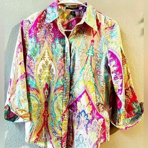Lauren Ralph Lauren Hot Pink/Green/Blue/Purple Paisley Button down Size PM